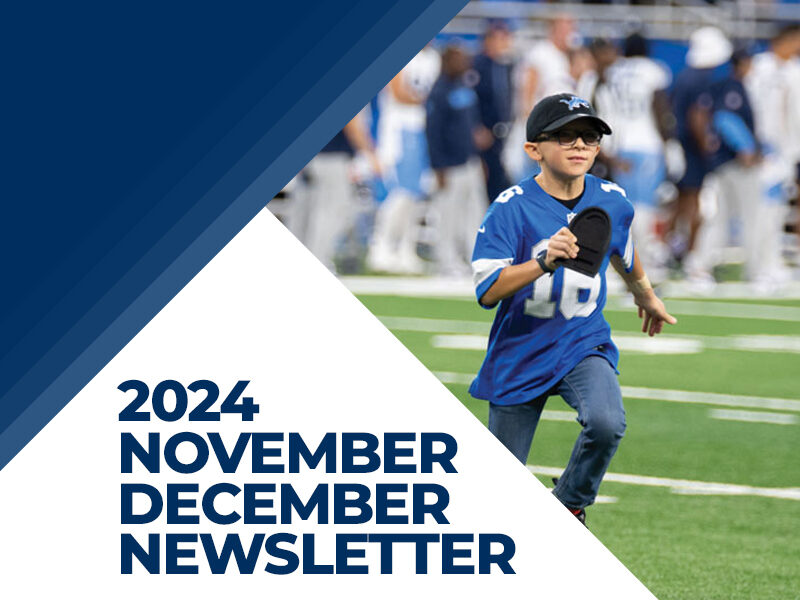 WFCU Winner Kick-Off Kid on Lions field for the 2024 November-December Newsletter Cover